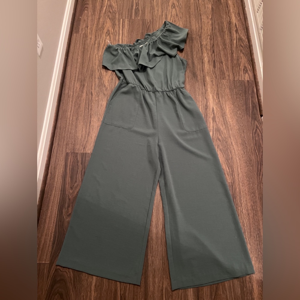 Sage green one shoulder jumpsuit. Worn once. ￼